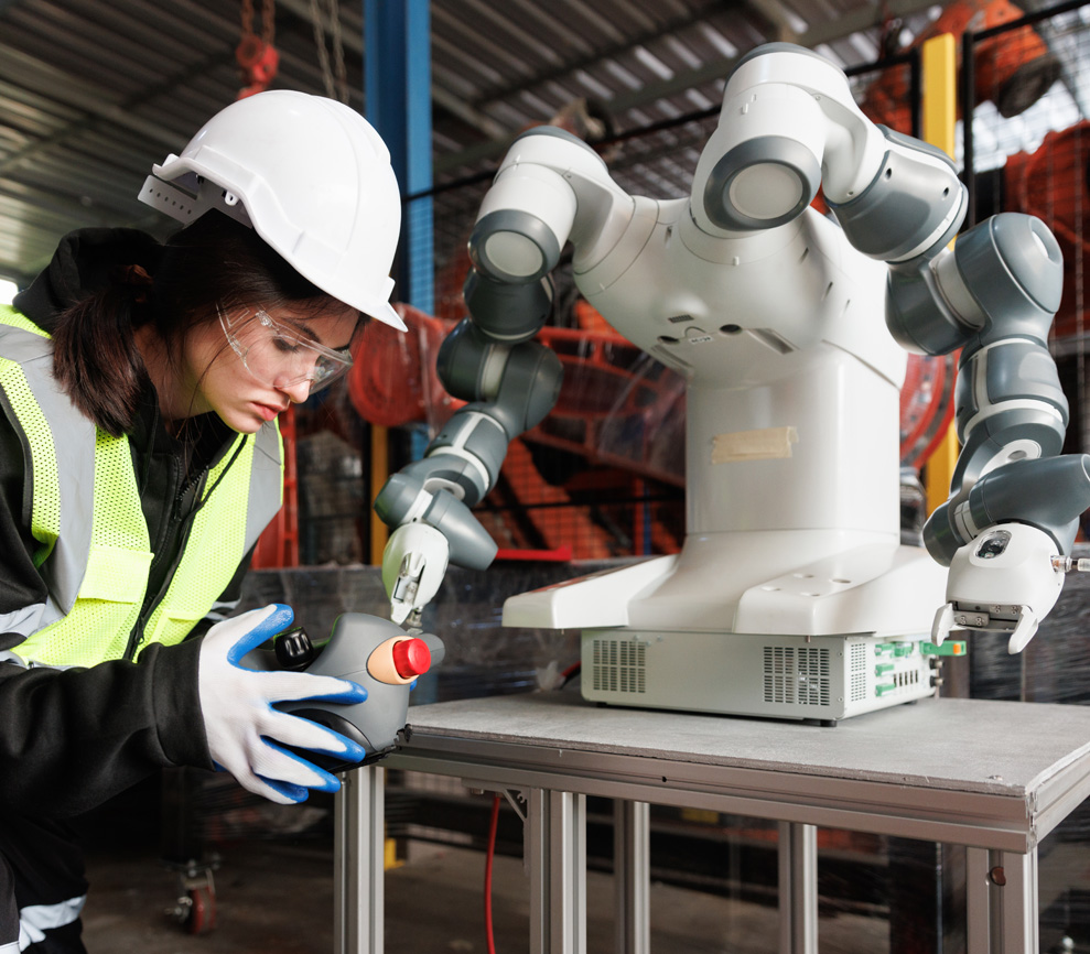 A person in safety gear working on a machine.
