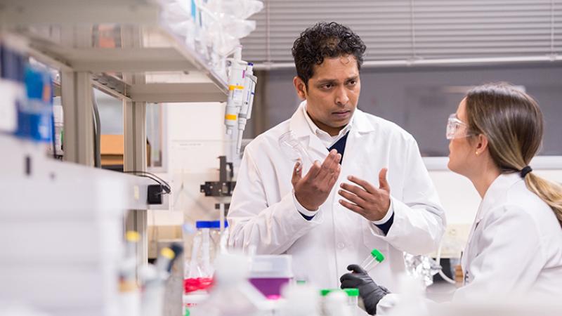 Two people in lab coats having a discussion in a lab.