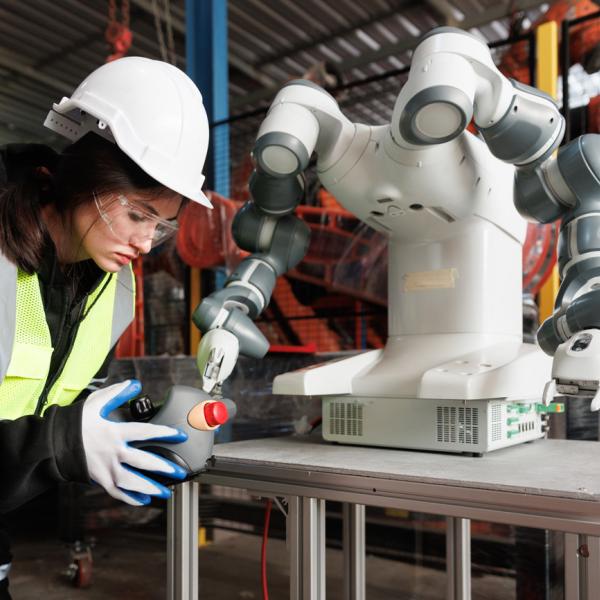 A person in safety gear working on a machine.